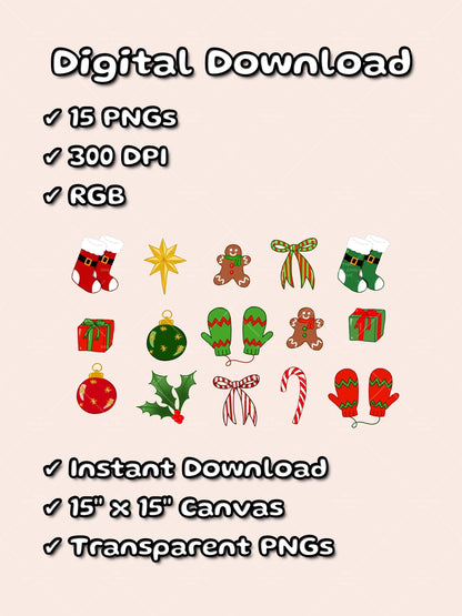 Cutesy Christmas Clip Art, Hand-Drawn Whimsical Holiday Illustrations, Festive Transparent PNG, Holly Jolly Commercial Use