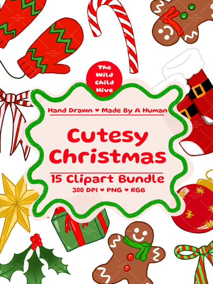 Cutesy Christmas Clip Art, Hand-Drawn Whimsical Holiday Illustrations, Festive Transparent PNG, Holly Jolly Commercial Use