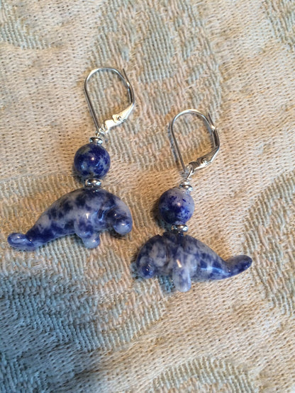 Manatee Earrings - Blue sodalite Earlobe Earrings featuring a carved stone design, perfect for beach lovers and animal enthusiasts.
