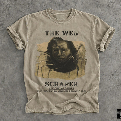 T-shirt with &amp;quot;The Web Scraper The Crying Spider&amp;quot; text and a spider-human hybrid image.