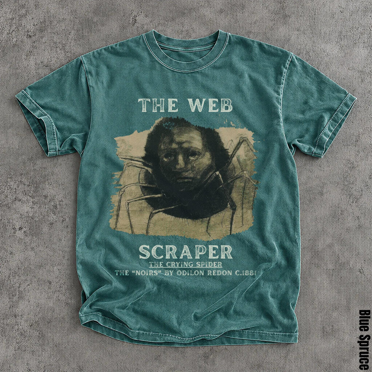 Teal t-shirt featuring &amp;quot;The Web Scraper&amp;quot; art with spider and text.