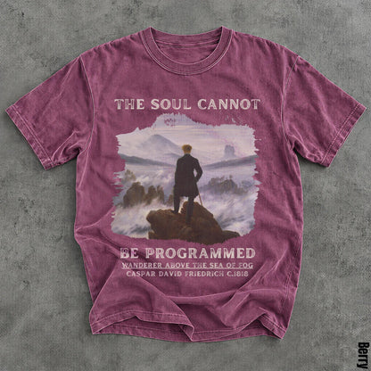 Berry t-shirt with text &amp;quot;The soul cannot be programmed&amp;quot; and artwork.