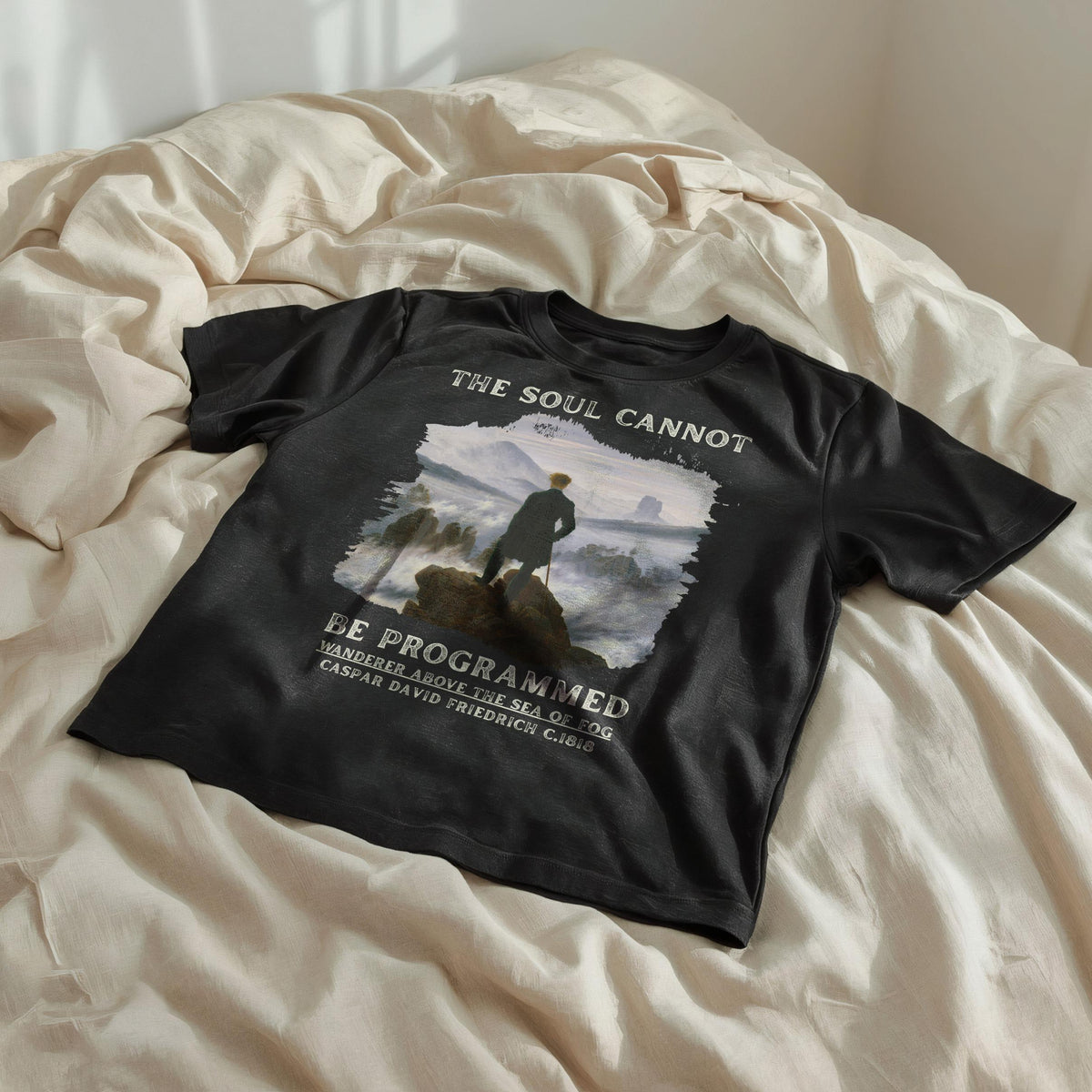 Black t-shirt with &amp;quot;The Soul Cannot Be Programmed&amp;quot; and a painting of a man on a cliff.
