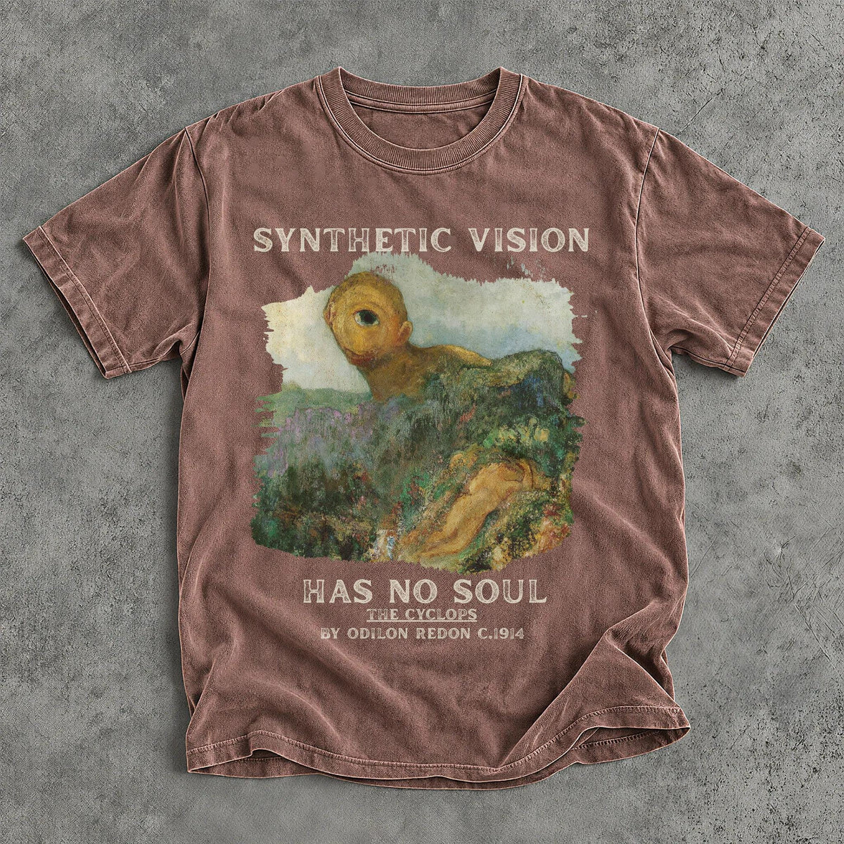 Brown t-shirt with &amp;quot;Synthetic Vision Has No Soul&amp;quot; and Cyclops artwork by Odilon Redon.