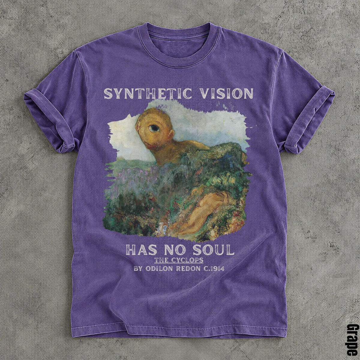 Purple t-shirt with &amp;quot;Synthetic Vision Has No Soul&amp;quot; and &amp;quot;The Cyclops&amp;quot; by Odilon Redon.