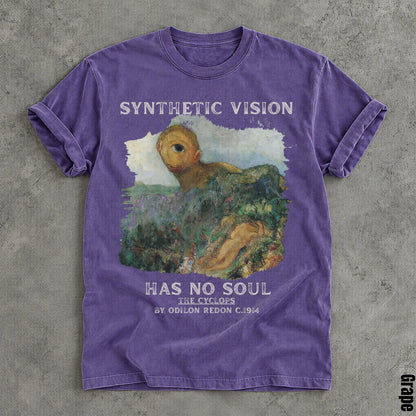 Purple t-shirt with &amp;quot;Synthetic Vision Has No Soul&amp;quot; and &amp;quot;The Cyclops&amp;quot; by Odilon Redon.