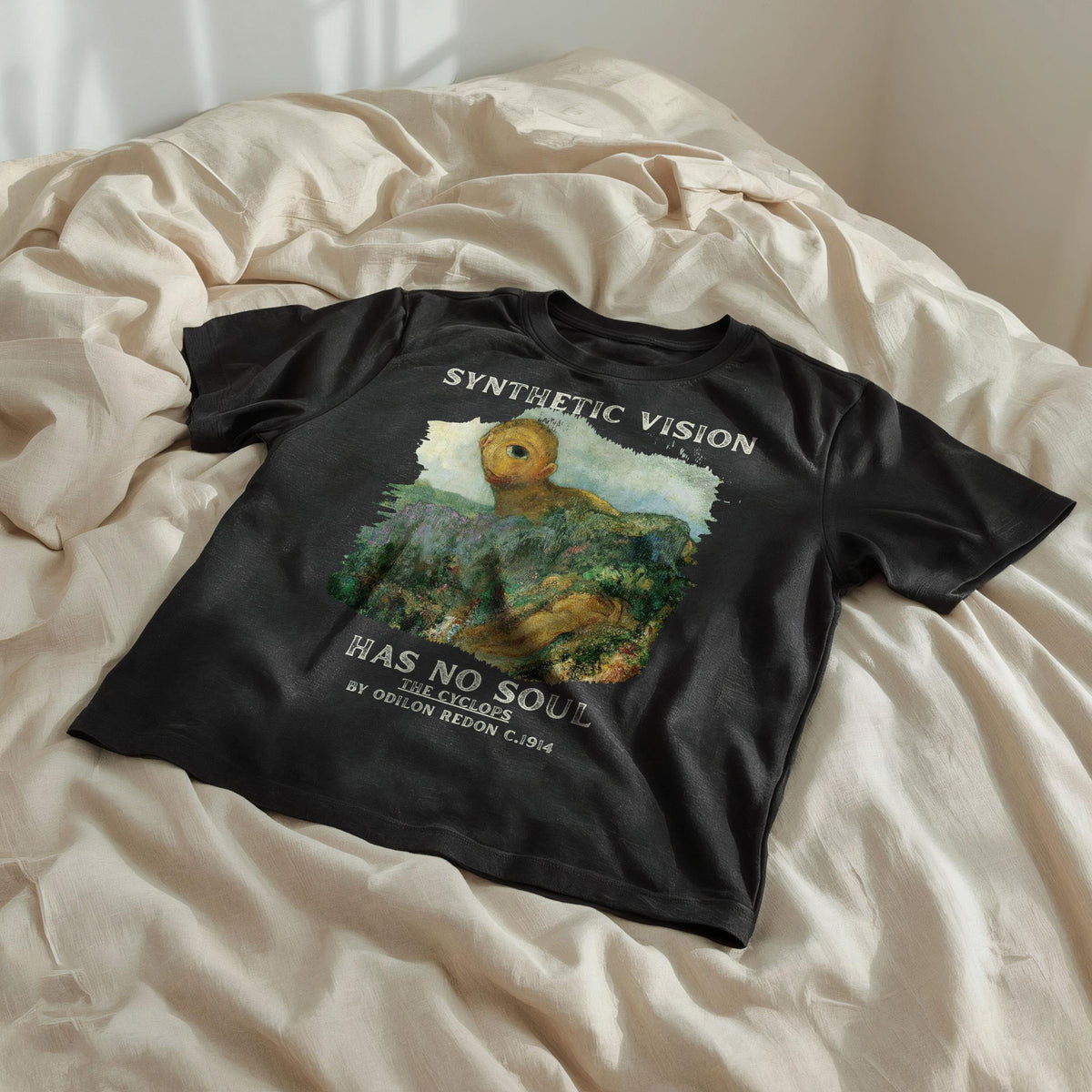 Black t-shirt with &amp;quot;Synthetic Vision Has No Soul The Cyclops by Odilon Redon C.1914&amp;quot; text.