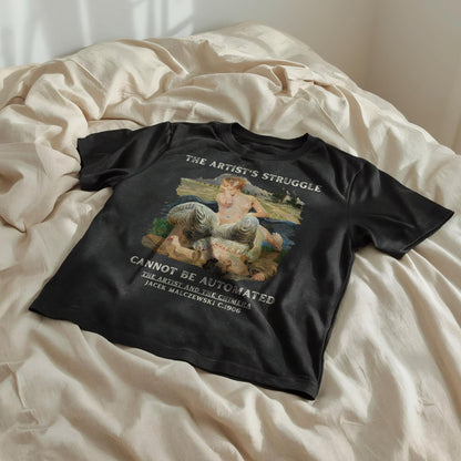 Black t-shirt with text and painting of nude figure with chimeras.