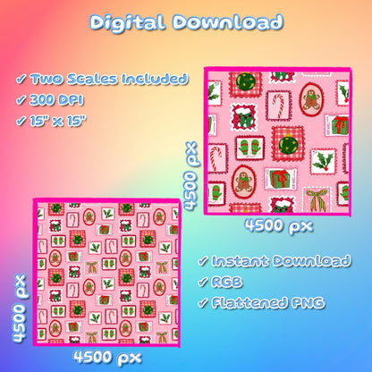 Preppy Christmas Patchwork Seamless Pattern Xmas Holiday Fabric Sublimation Vintage Stamps Seasonal Commercial Use Hand-Drawn Digital Paper