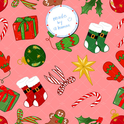 Preppy Christmas Seamless Pattern Ditzy Jolly Xmas Holiday Festive Fabric Sublimation Seasonal Commercial Use Hand-Drawn Digital Paper