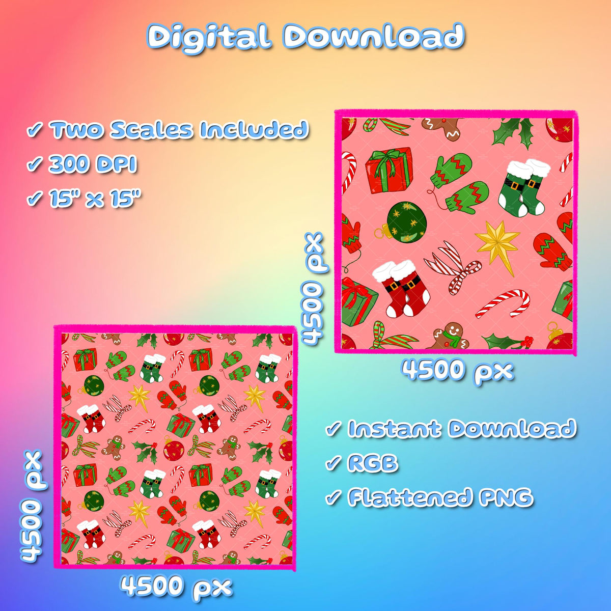 Preppy Christmas Seamless Pattern Ditzy Jolly Xmas Holiday Festive Fabric Sublimation Seasonal Commercial Use Hand-Drawn Digital Paper