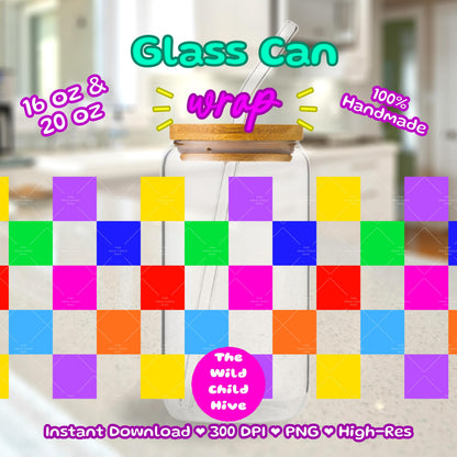 Rainbow Checkerboard Libbey Glass Can Wrap (16oz, 20oz) – UV DTF, Sublimation (Digital Download) Coffee Lover Vinyl Transparent PNG