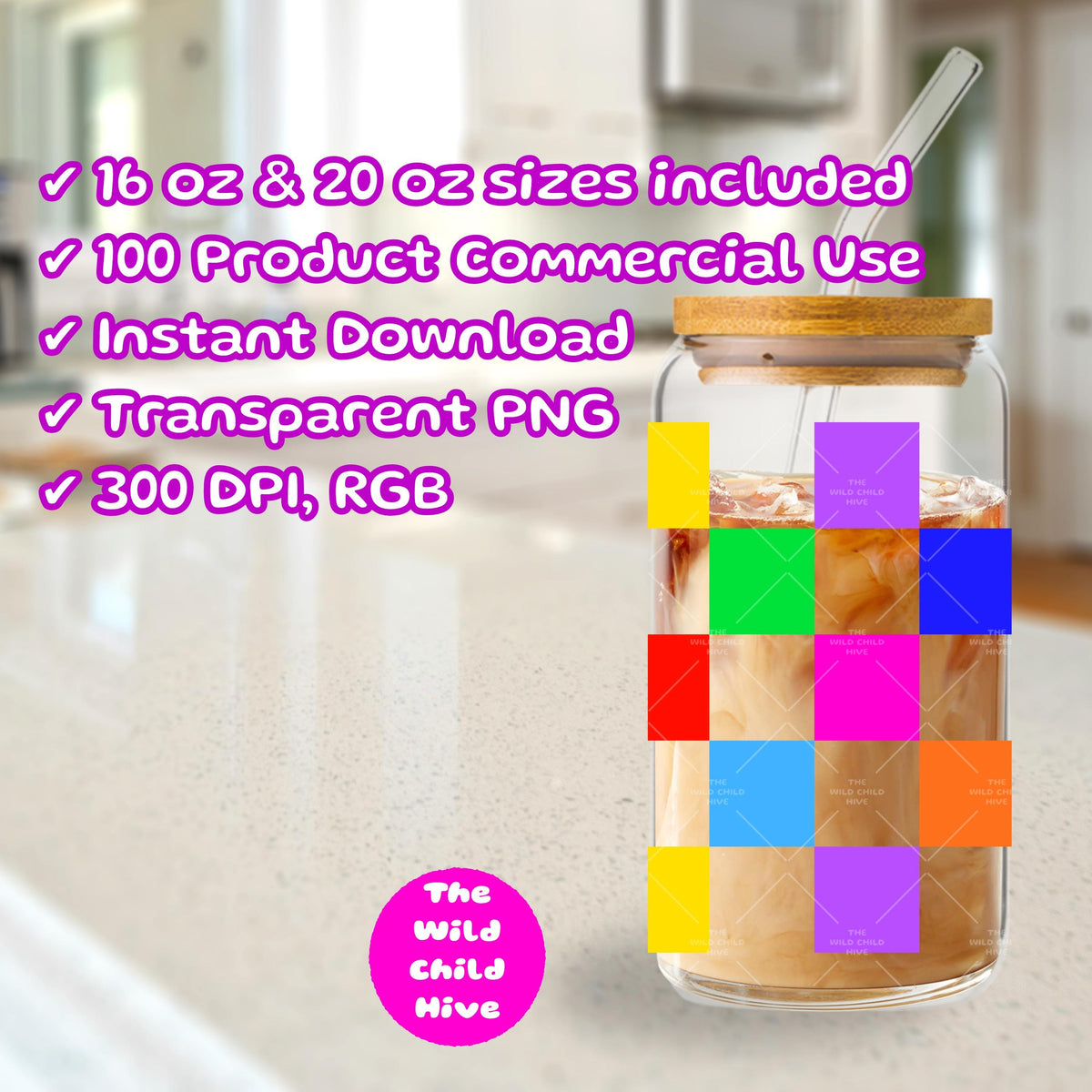 Rainbow Checkerboard Libbey Glass Can Wrap (16oz, 20oz) – UV DTF, Sublimation (Digital Download) Coffee Lover Vinyl Transparent PNG