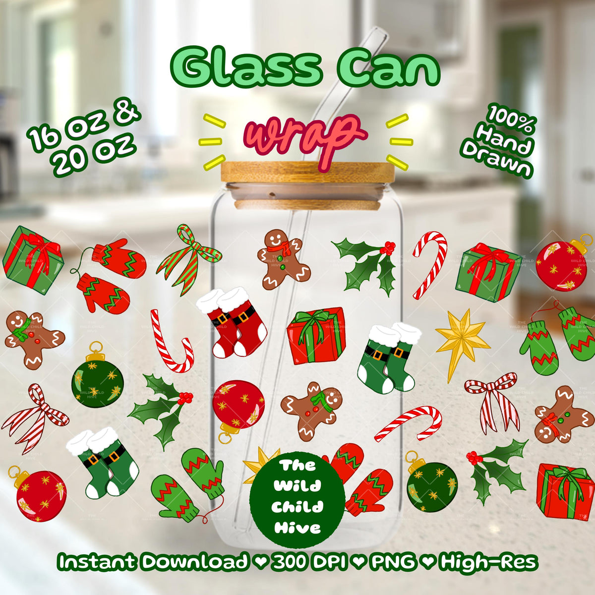 Christmas Libbey Glass Can Wrap (16oz, 20oz) – Festive Holly Jolly UV DTF, Sublimation (Digital Download) Coffee Lover Vinyl Transparent PNG