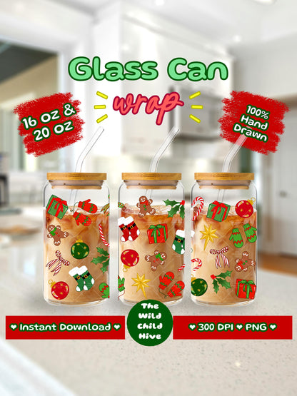 Christmas Libbey Glass Can Wrap (16oz, 20oz) – Festive Holly Jolly UV DTF, Sublimation (Digital Download) Coffee Lover Vinyl Transparent PNG