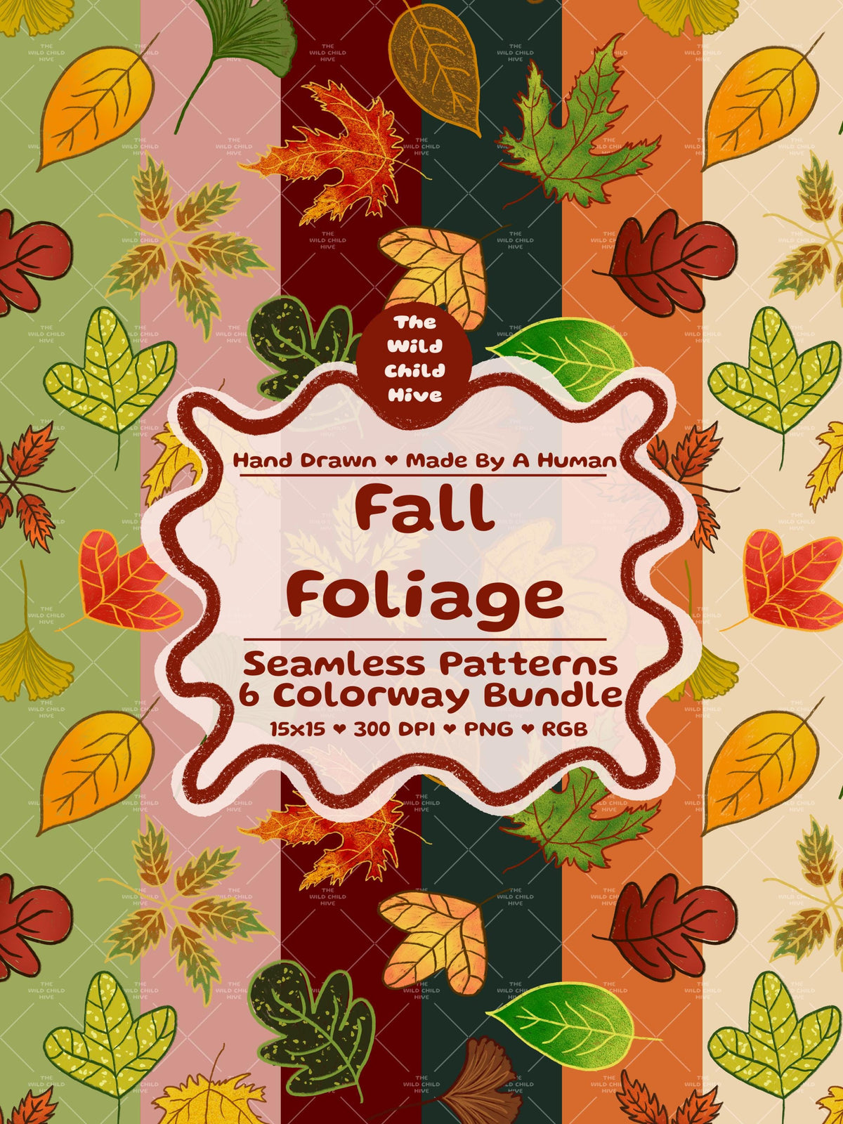Six Fall Seamless Patterns Bundle,  Autumn Leaves Fabric Sublimation, Commercial Use, Hand-Drawn Digital Paper