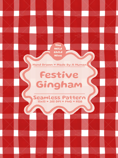 Ditzy Festive Gingham Seamless Pattern Xmas Holiday Fabric Sublimation Christmas Seasonal Commercial Use Hand-Drawn Digital Paper