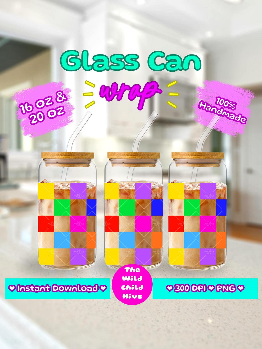 Rainbow Checkerboard Libbey Glass Can Wrap (16oz, 20oz) – UV DTF, Sublimation (Digital Download) Coffee Lover Vinyl Transparent PNG