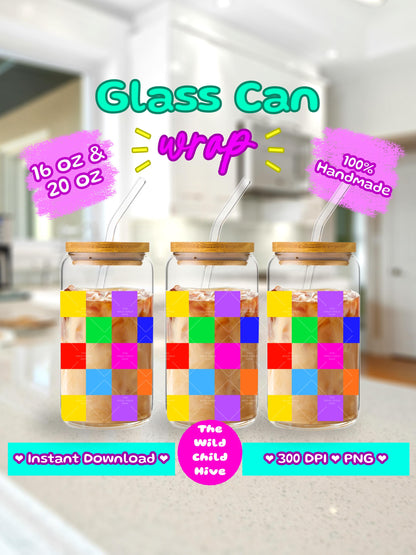 Rainbow Checkerboard Libbey Glass Can Wrap (16oz, 20oz) – UV DTF, Sublimation (Digital Download) Coffee Lover Vinyl Transparent PNG