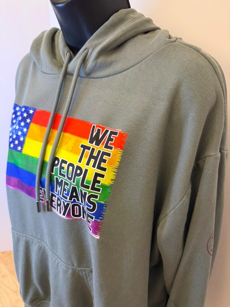 Upcycled Gender-Neutral Sage Green Hoodie | We the People Means Everyone | LGBTQ+  pride | Size M