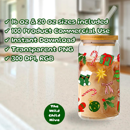 Christmas Libbey Glass Can Wrap (16oz, 20oz) – Festive Holly Jolly UV DTF, Sublimation (Digital Download) Coffee Lover Vinyl Transparent PNG