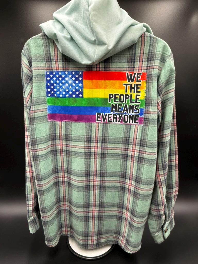 Upcycled Gender-Neutral Button Up Lightweight Flannel Shirt | We the People Means Everyone | LGBTQ+  pride | Size L