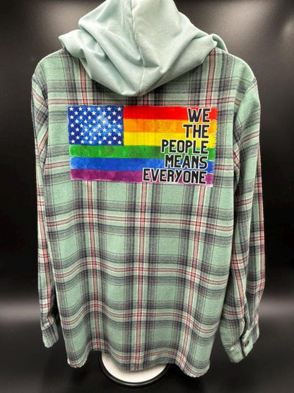 Upcycled Gender-Neutral Button Up Lightweight Flannel Shirt | We the People Means Everyone | LGBTQ+  pride | Size L