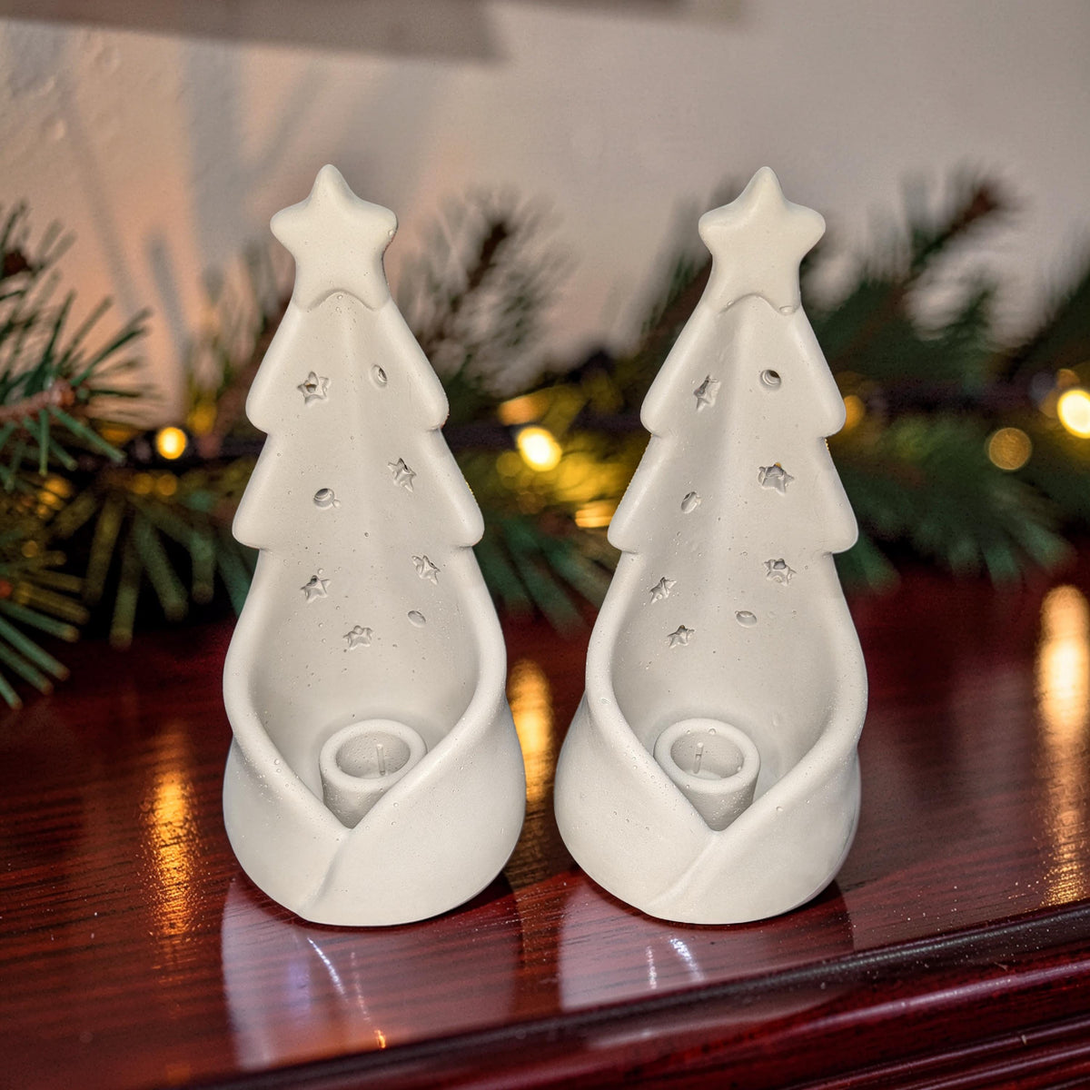 Concrete Christmas Tree Candlestick Holder, Modern Sculptural Holiday Mantel Decor, Minimalist Stardust Taper &amp; Small Pillar Stand