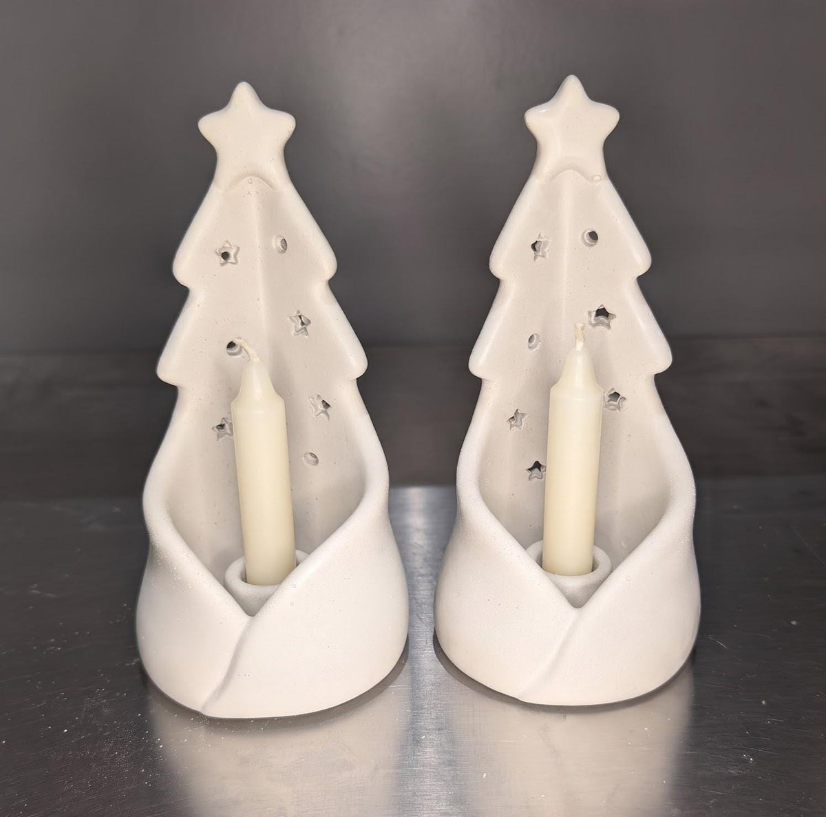 Concrete Christmas Tree Candlestick Holder, Modern Sculptural Holiday Mantel Decor, Minimalist Stardust Taper &amp; Small Pillar Stand