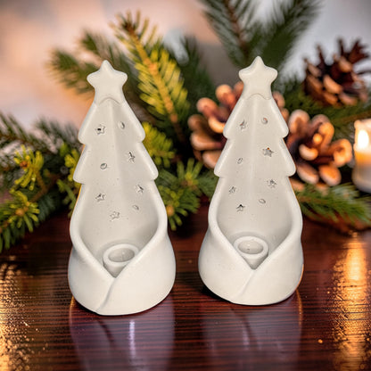 Concrete Christmas Tree Candlestick Holder, Modern Sculptural Holiday Mantel Decor, Minimalist Stardust Taper &amp; Small Pillar Stand
