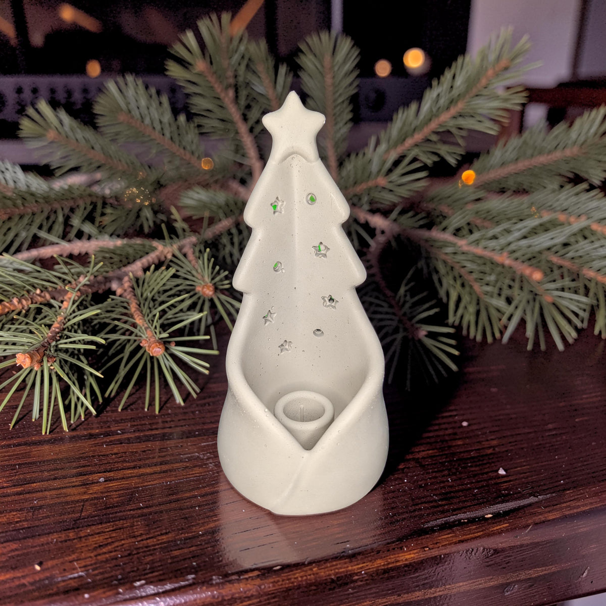 Concrete Christmas Tree Candlestick Holder, Modern Sculptural Holiday Mantel Decor, Minimalist Stardust Taper &amp; Small Pillar Stand