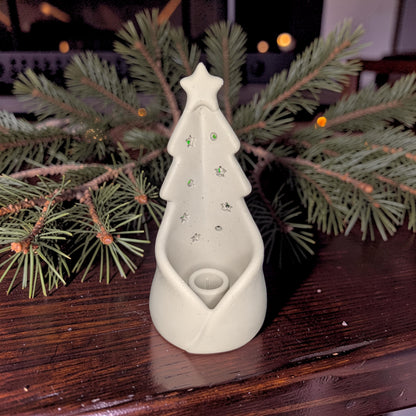 Concrete Christmas Tree Candlestick Holder, Modern Sculptural Holiday Mantel Decor, Minimalist Stardust Taper &amp; Small Pillar Stand