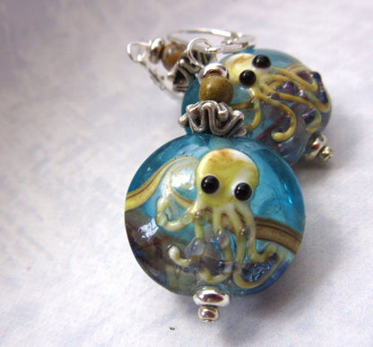 Octopus Earrings featuring handcrafted blue art glass, a unique cephalopod jewelry gift for sea life lovers.
