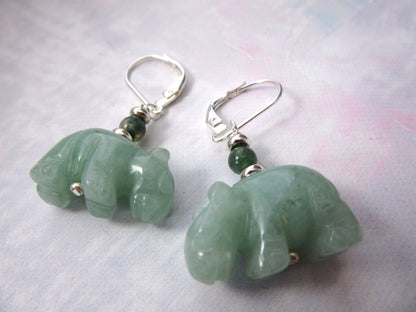 Handcrafted hippo earrings made of green aventurine, showcasing a charming design for nature enthusiasts.