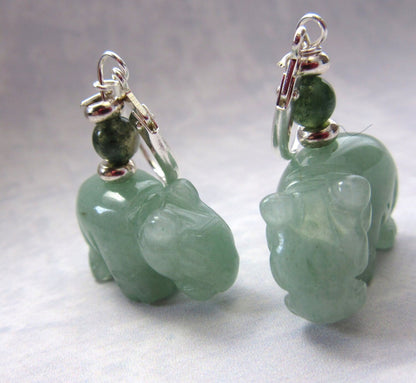 Unique hippopotamus earrings with an aventurine stone, representing creativity and artistic energy.