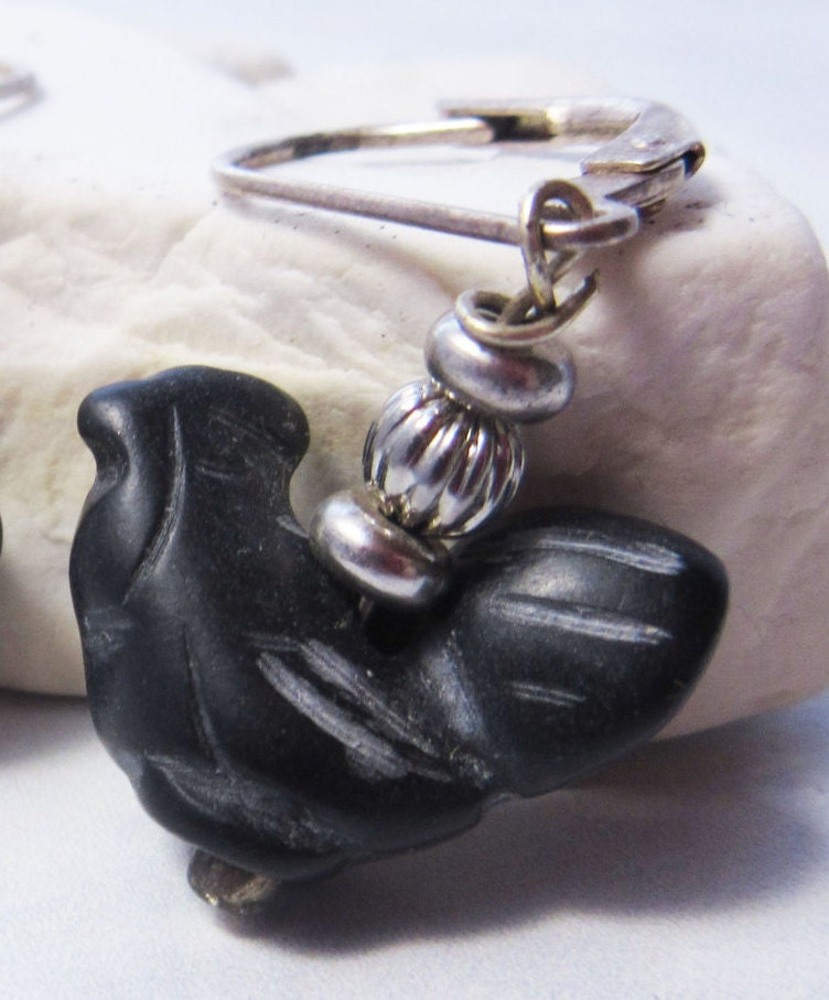 Stylish Hand-Carved Stone Black Hen Earrings made from obsidian stone, ideal for animal lovers.