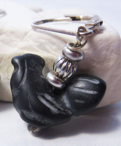 Stylish Hand-Carved Stone Black Hen Earrings made from obsidian stone, ideal for animal lovers.