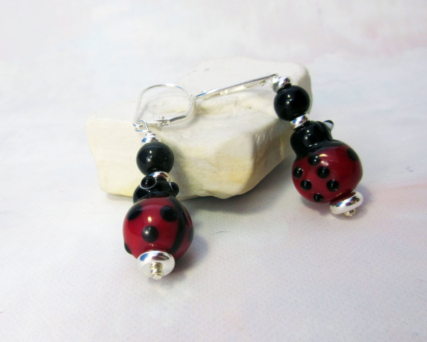 Cute Bug Jewelry - Ladybug earrings handmade with sterling silver-filled lever back ear wires, perfect gift for gardeners.