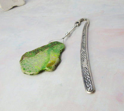Close-up view of the Decorative Green Impression Jasper Metal Bookmark, showcasing the unique green jasper slab and elegant metal design, ideal for journaling and reading.