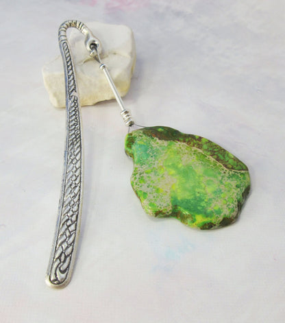 Decorative Green Impression Jasper Metal Bookmark, featuring a beautifully carved silver spine and a green jasper stone, perfect book gift for readers.