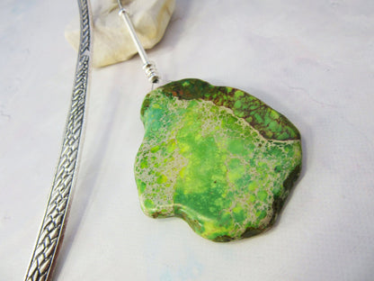 Artisan-crafted Decorative Green Impression Jasper Metal Bookmark featuring an elegant aqua terra slab dangle for reading enthusiasts.
