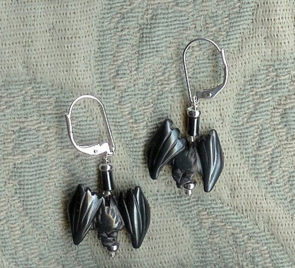 Close-up of Bat Earrings of black stone - Halloween Jewelry, showcasing the intricate details of the animal-themed design.