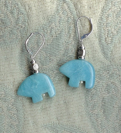 Sky Blue Bear Earrings showcasing unique Zuni style amazonite design with blue stone and bead accents, ideal for animal lovers and jewelry enthusiasts.