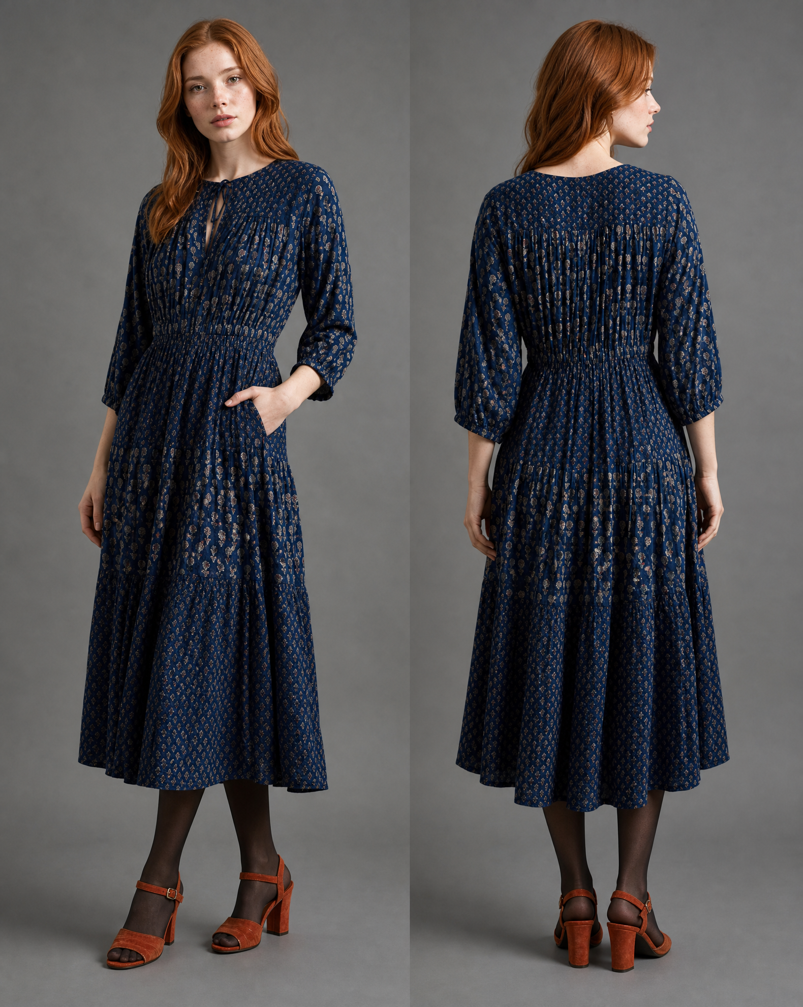 The Adriana Block Print Dress in Midnight Floral