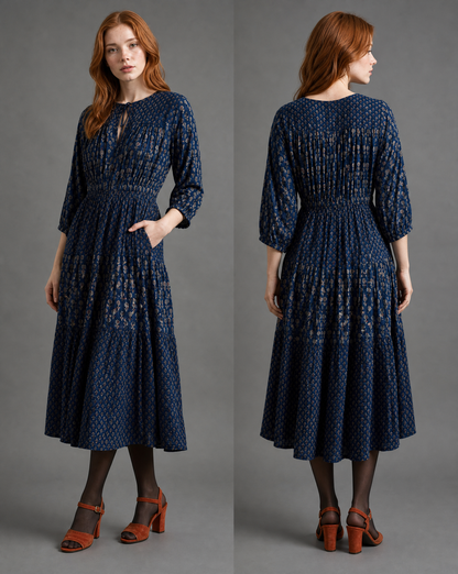 The Adriana Block Print Dress in Midnight Floral