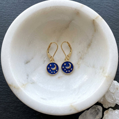 Gold Filled Blue Celestial Moon Earrings