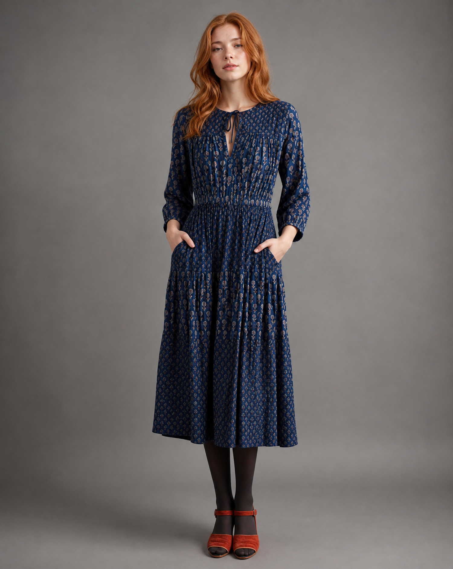 The Adriana Block Print Dress in Midnight Floral