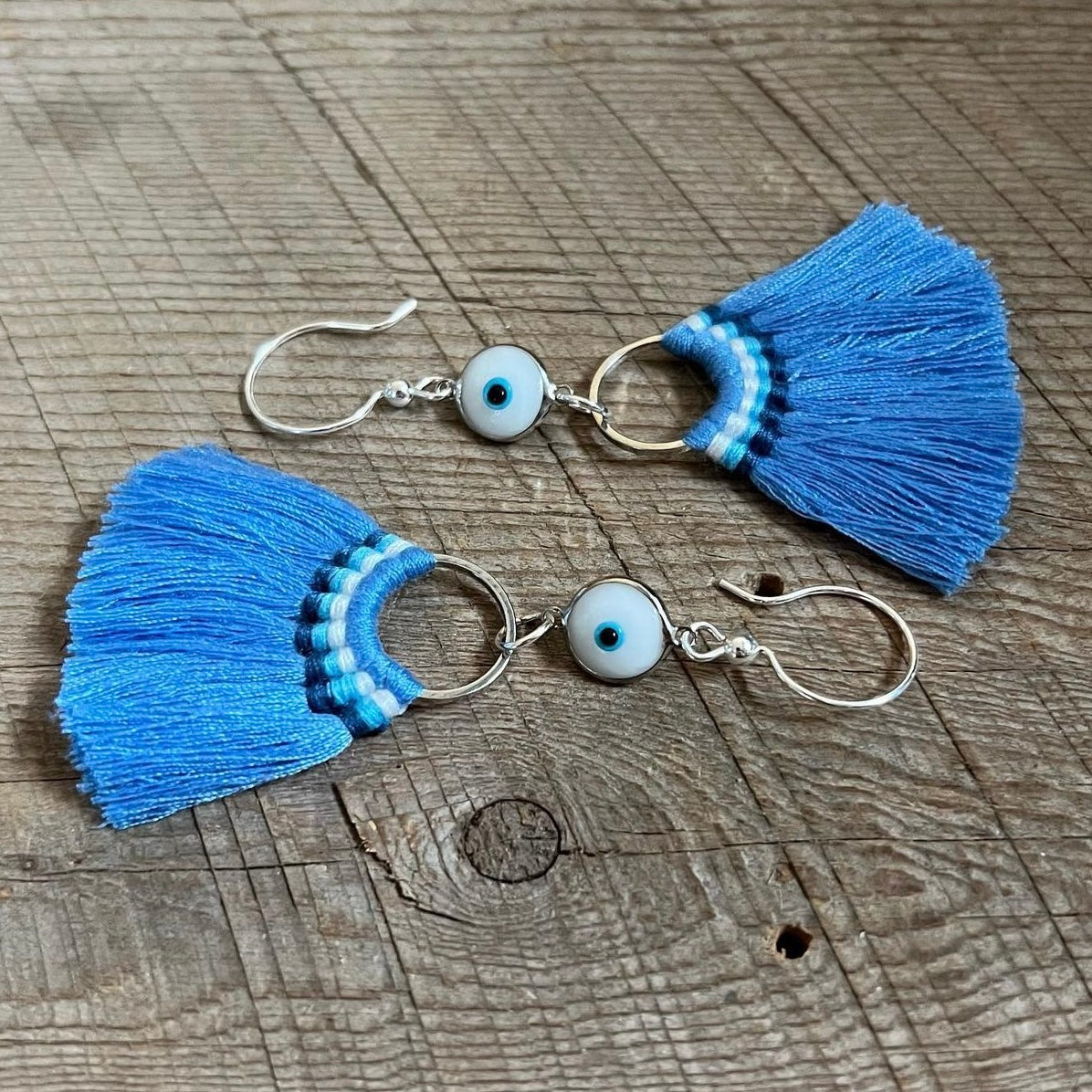 SariBlue® Shades of Mavi Tassel Earrings with Evil Eye