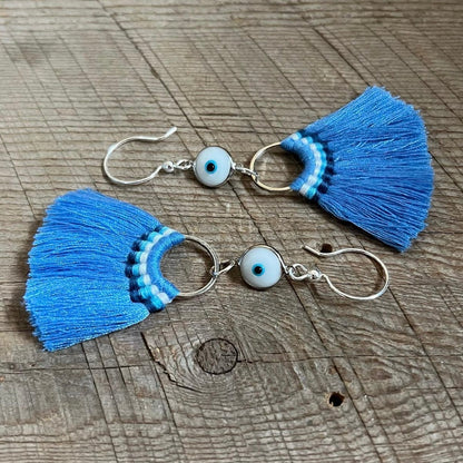 SariBlue® Shades of Mavi Tassel Earrings with Evil Eye