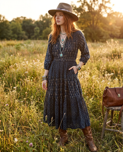 The Adriana Block Print Dress in Midnight Floral